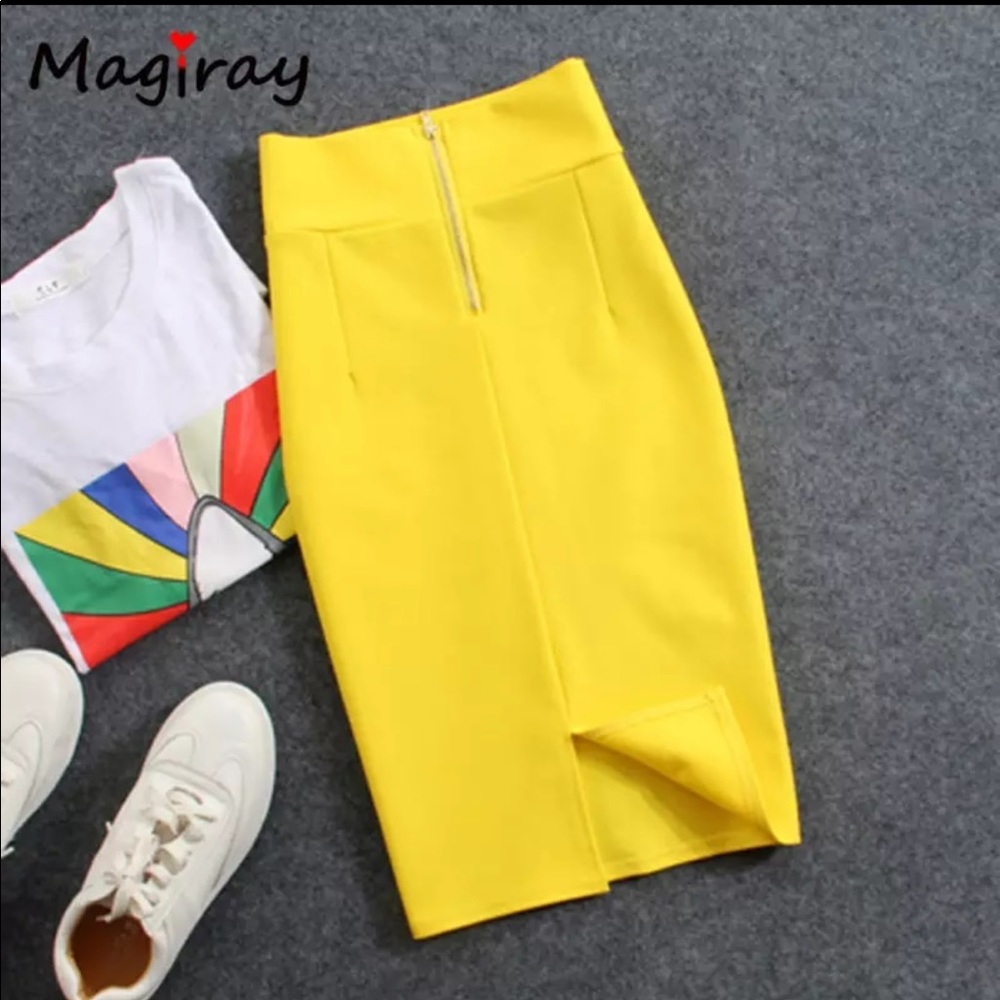Magiray High Waist Elastic Pencil Yellow Skirt